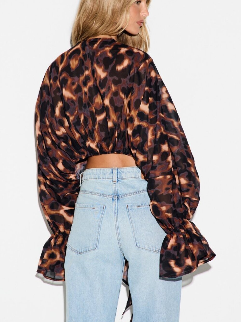 Brown Boho Regular Fit Women's Leopard Print Deep V Flare Crop Blouse Top - Picture 2 of 5